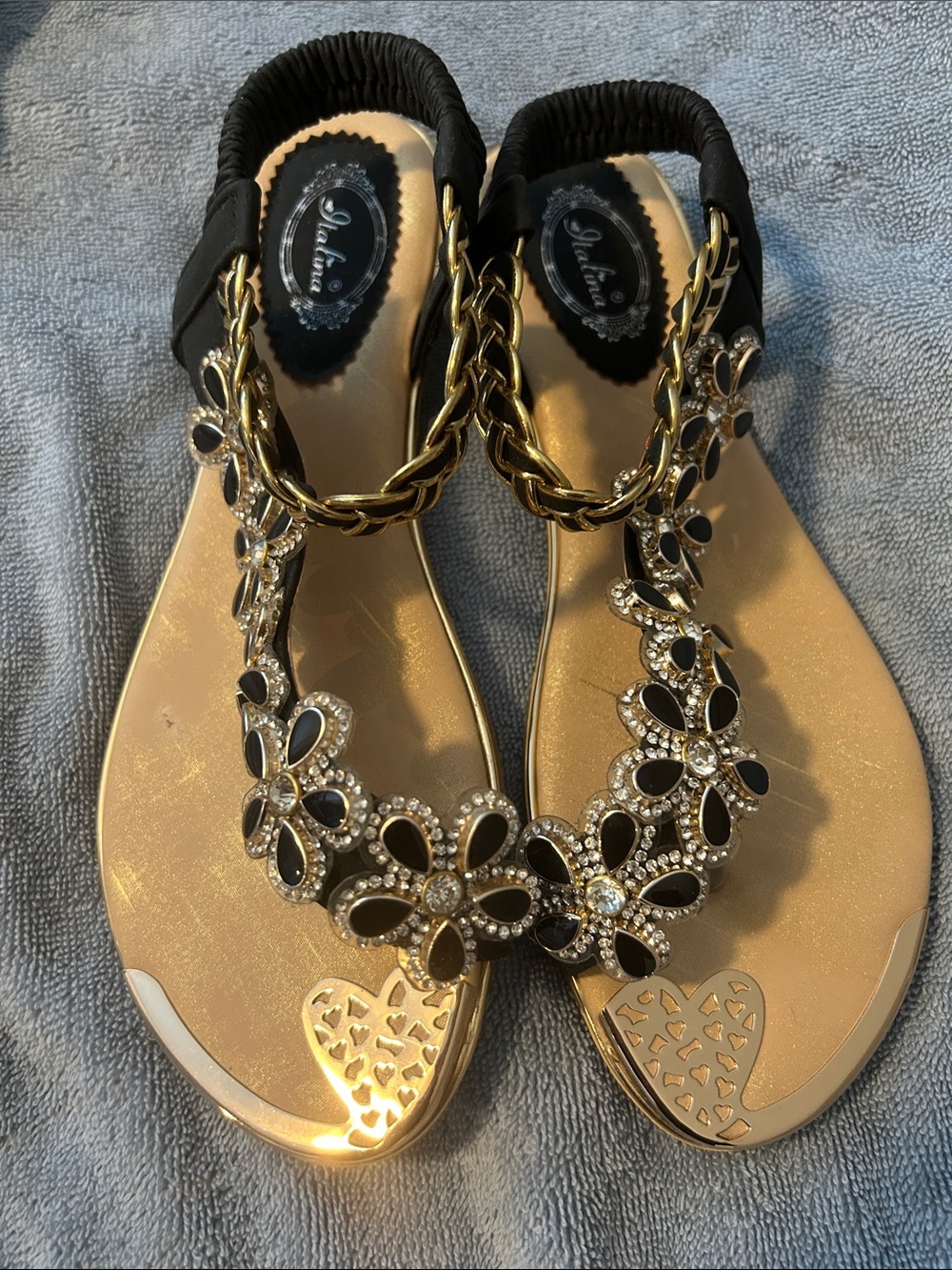 Italina Black & Gold Floral Jewel T-Strap Sandals